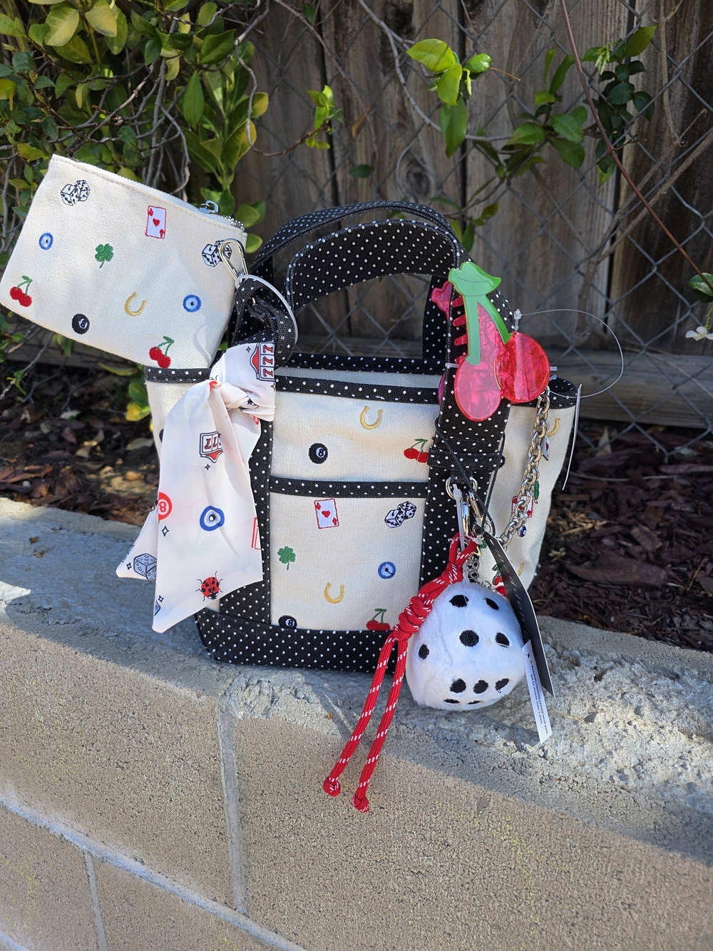 Rare Polka Dot and Dice Charm Tote Bag 🎲🍒